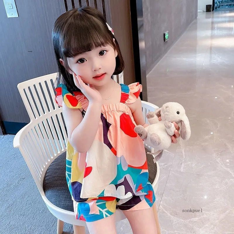 Baby Girls Clothing Sets Summer Suspender Top Color Matching Floral Vest + Children'S Casual Pants Little Kids Clothes Suit