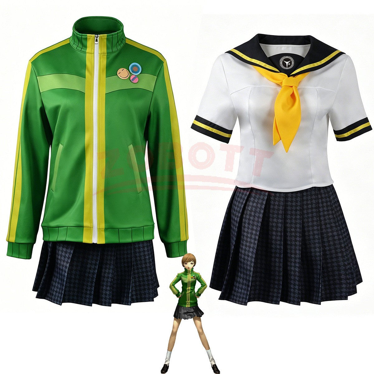 Anime Chie Satonaka Cosplay Costume JK Sport Uniform Costume Green Yellow Striped Zip-Up Track Jacket Skirt Set for Daily Suit