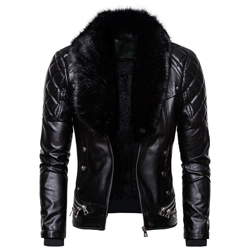 New Winter Fleece Motorcycle Leather Jacket Men Turn Down Fur Collar Slim Fit Warm PU Bomber Jackets Coats Mens Moto Biker Coat