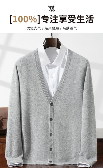 New Simple Button-Up Long Sleeve 100% Wool Cardigan Men's V-Neck Autumn Winter Versatile Commuter Sweater Knitted Jacket