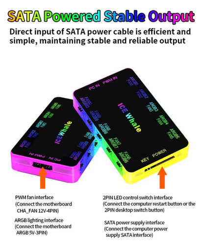 ICE Whale C10 1 to 10 PWM&ARGB Case Fan Hub Splitter 4Pin PWM 3Pin ARGB SATA Power Interface With Remote Control