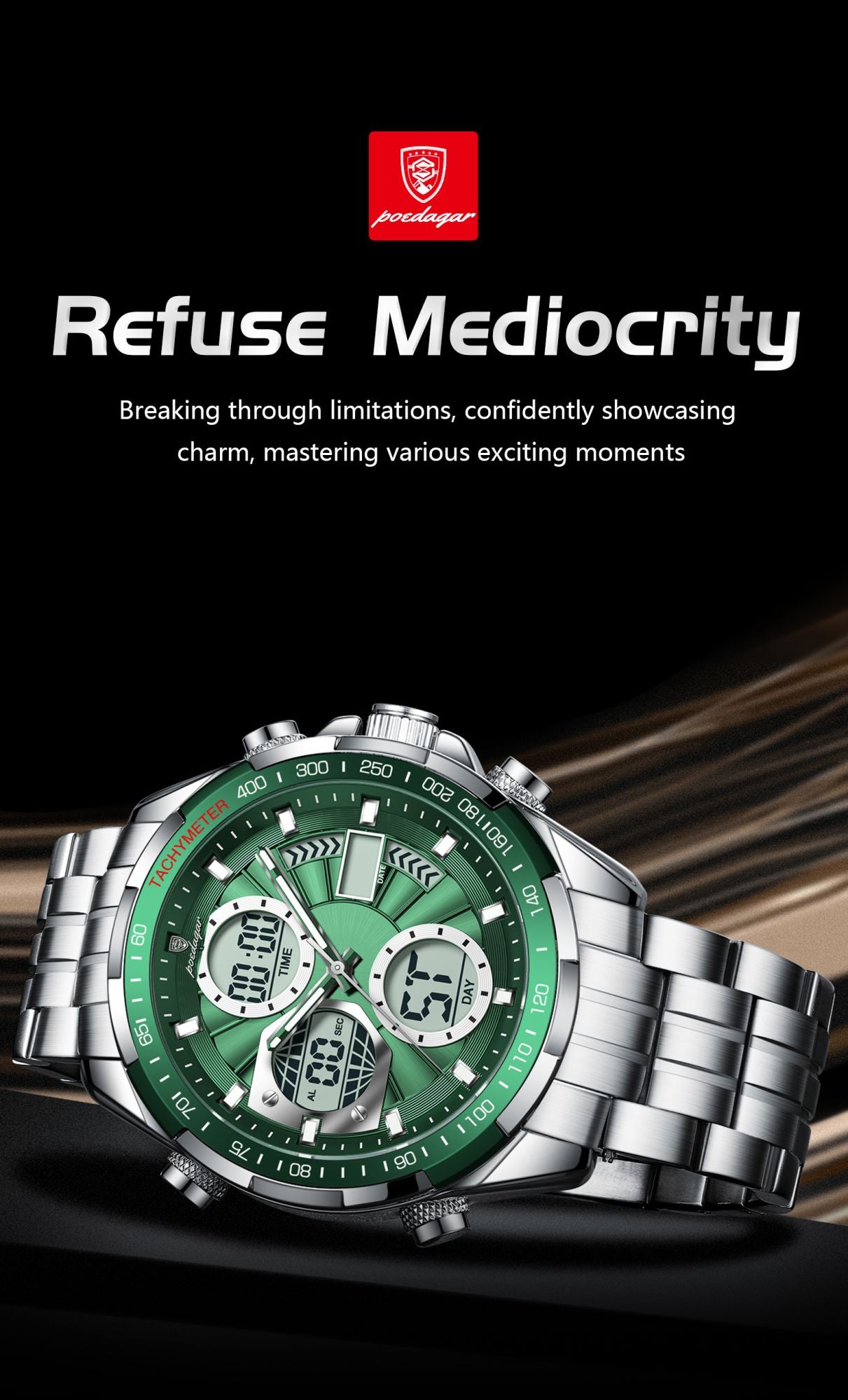 POEDAGAR Top Man Clock Waterproof Electronic LED Luxury Men's Watches Dual Time Display Digital Stainless Steel Men Quartz Watch