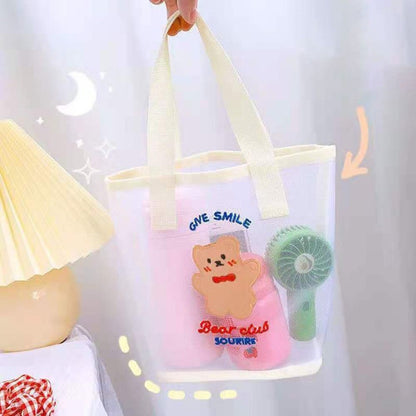 INS Cute Bear Cosmetic Bag Women Fashion Handbag Transparent Mesh Makeup Case Summer Convenient Swimming Outdoor Beach Bag