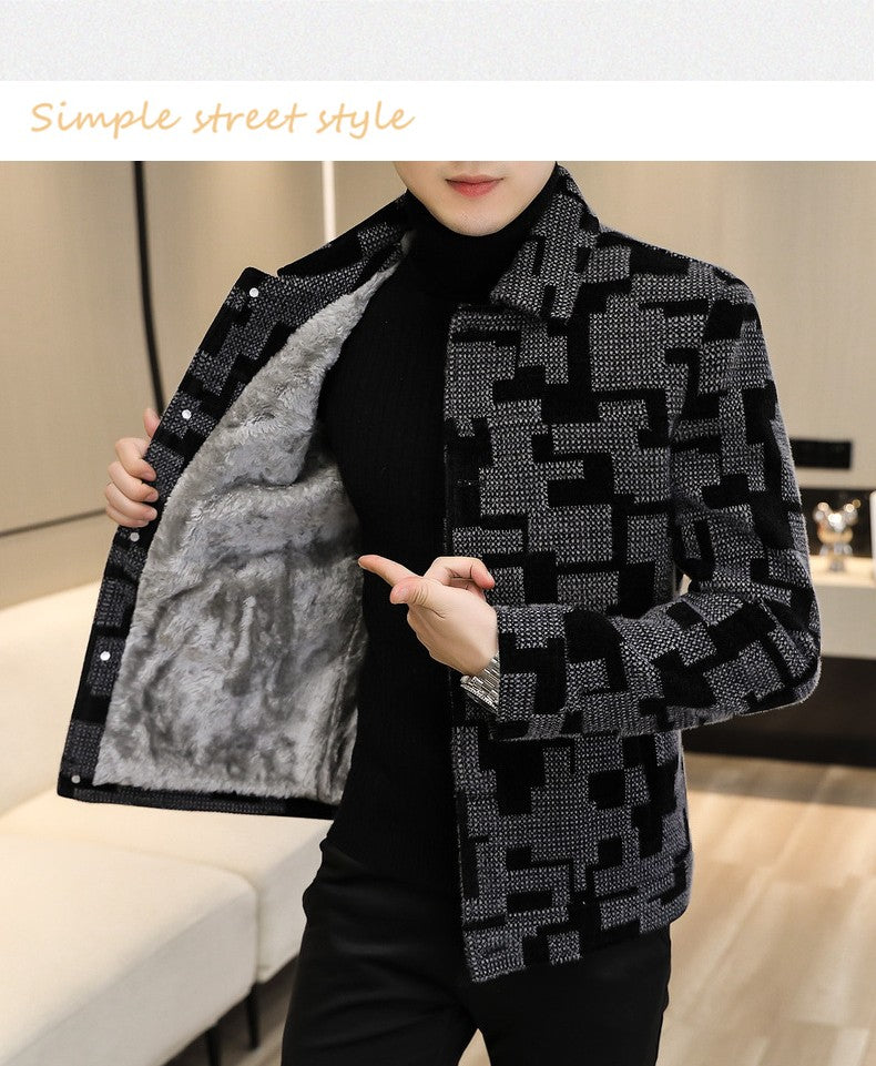 Winter Thicken Warm Wool Blends Jacket Men Fashion Plaid Casual Coat Slim Lapel Streetwear Overcoat Social Men Clothing 2022