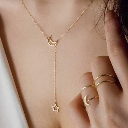Novo Colar Gargantilha com Pingente de Lua e Estrela Simples, Corrente com Pingente de Liga Dourada Simples, Colares para Mulheres, Joias para Festa