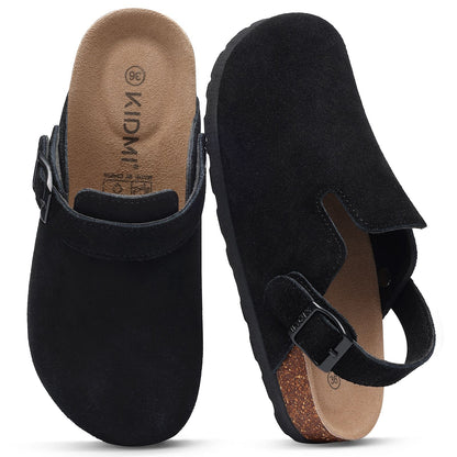 Comwarm Cow Suede Women Clogs With Adjustable Buckle Cork Footbed Leather Mules Comfort Slip on Women Slippers Summer Cork Clogs