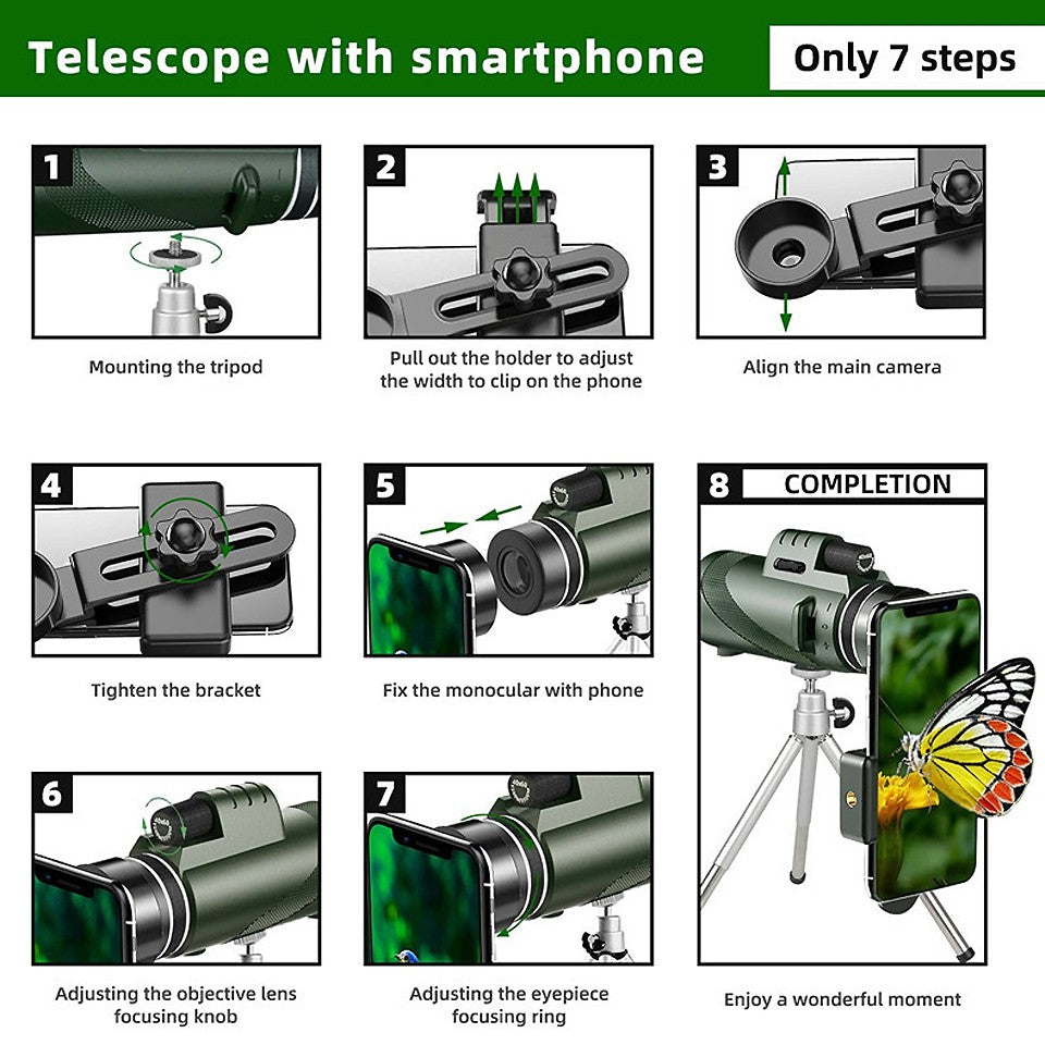 Telescópio Monocular Potente 80x100 HD ZOOM Binóculos Portáteis de Longo Alcance para Caça e Camping com Tripé e Suporte para Celular