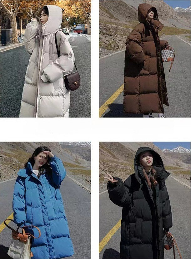 Long Thickened Down Cotton Bread Style Coat Women's Winter 2025 Outerwear Korean Loose Long Knee Length Solid Hooded Jacket