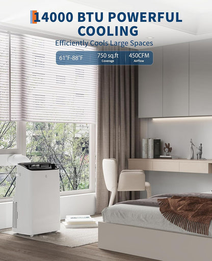 Ar-condicionado portátil, Unidade de AC portátil de 14.000 BTUs 3 em 1: Resfriamento, Desumidificador e Ventilador, Ar-condicionado portátil de pé
