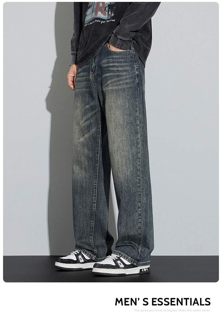 Calças Jeans Masculinas Folgadas de Algodão Perna Larga Retrô Estilo Urbano Coreano Reta Lavada Calças Jeans de Marca de Alta Qualidade