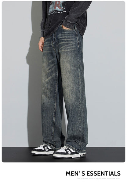 Calças Jeans Masculinas Folgadas de Algodão Perna Larga Retrô Estilo Urbano Coreano Reta Lavada Calças Jeans de Marca de Alta Qualidade