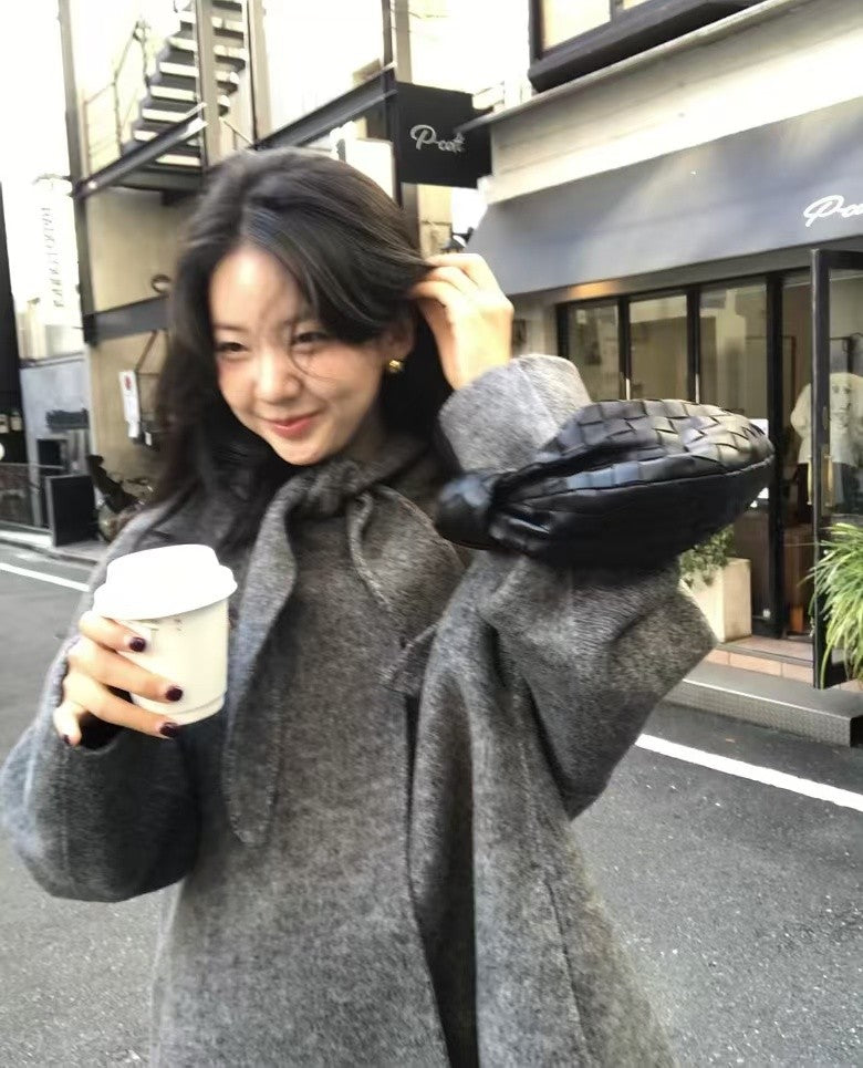 Korean Sle Woolen Coat Women's Chic Temperament Sweet Bow Tie Collar Hooded Warm Woolen Coat Long Sve Mid-Length