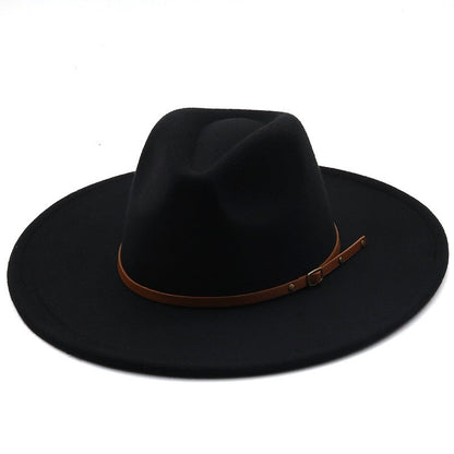 9.5cm Wide Brim Fedora Hats with Brown Belt Autumn Winter Women Party Top Hat Men Jazz Retro Cowboy Felt Cap Panama Sun Hat
