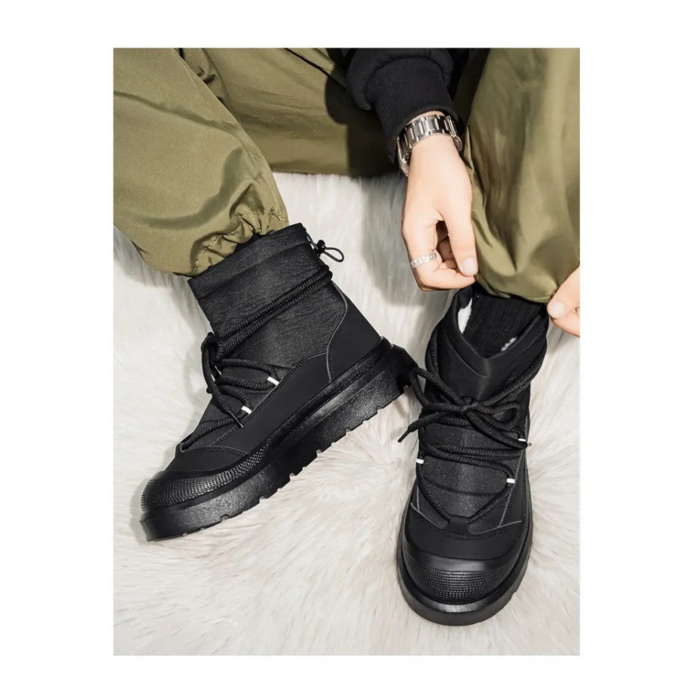 Work Style Snow Boots for Men Women Plus Fleeces Warm Winter Boots High Top Thick Soled Lace Up Black Plush Couple Cotton Shoes
