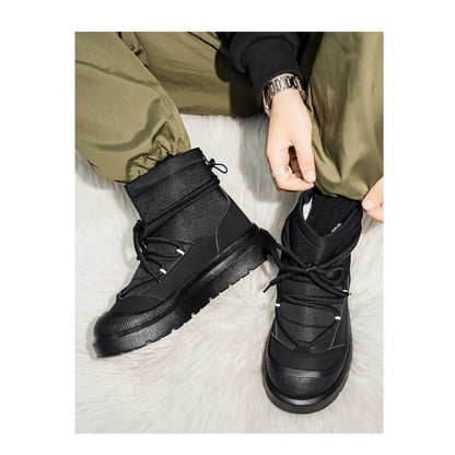 Work Style Snow Boots for Men Women Plus Fleeces Warm Winter Boots High Top Thick Soled Lace Up Black Plush Couple Cotton Shoes