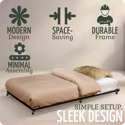 2K Furniture Designs - Twin Size Black Metal Roll Out Trundle Bed Frame for Daybed