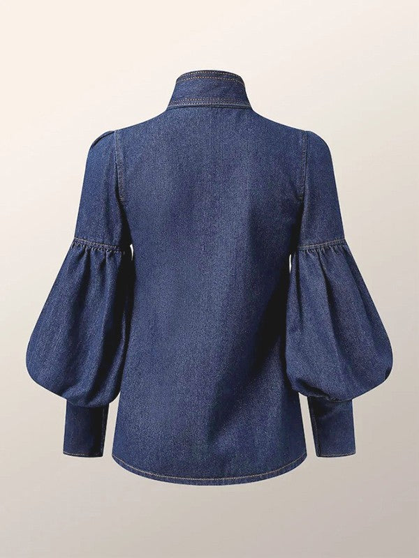 Gymystars New Trendy Imitation Denim Blouse Tops for Women Long Puff Sleeves Bow-Embellished High Neck Women's Autumn Shirts