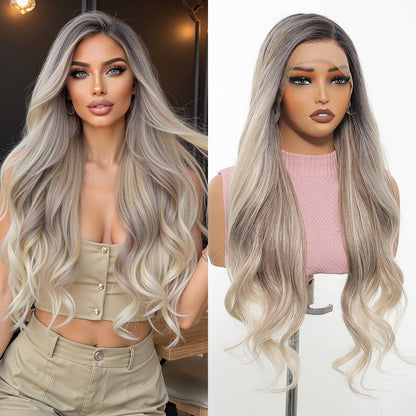 HENRY MARGU Peruca Frontal Lisa Ondulada Marrom Mista Longa Peruca Sintética Natural Ondulada 13x4 Frontal de Renda Cabelo Falso para Mulheres Raiz Escura