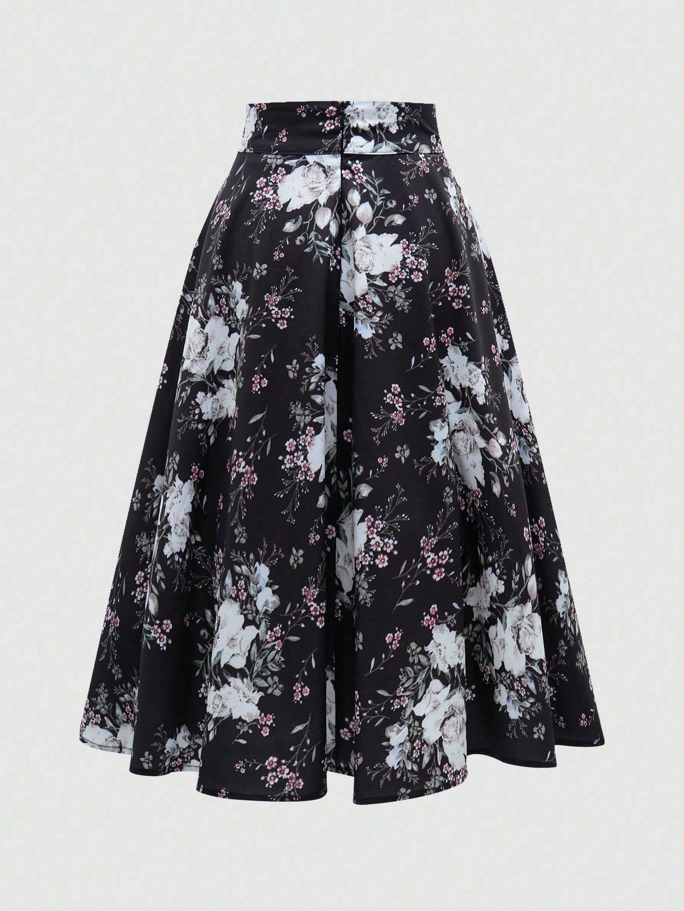 A lady's elegant half skirt with a bow tie and large flowers