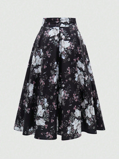 A lady's elegant half skirt with a bow tie and large flowers
