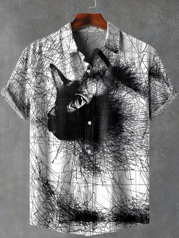 Men's Shirt Summer Casual Fashion Short Sleeve 3D Printed Denim Red Kitten Print Men's Hawaiian Lapel Single Breasted Shirt