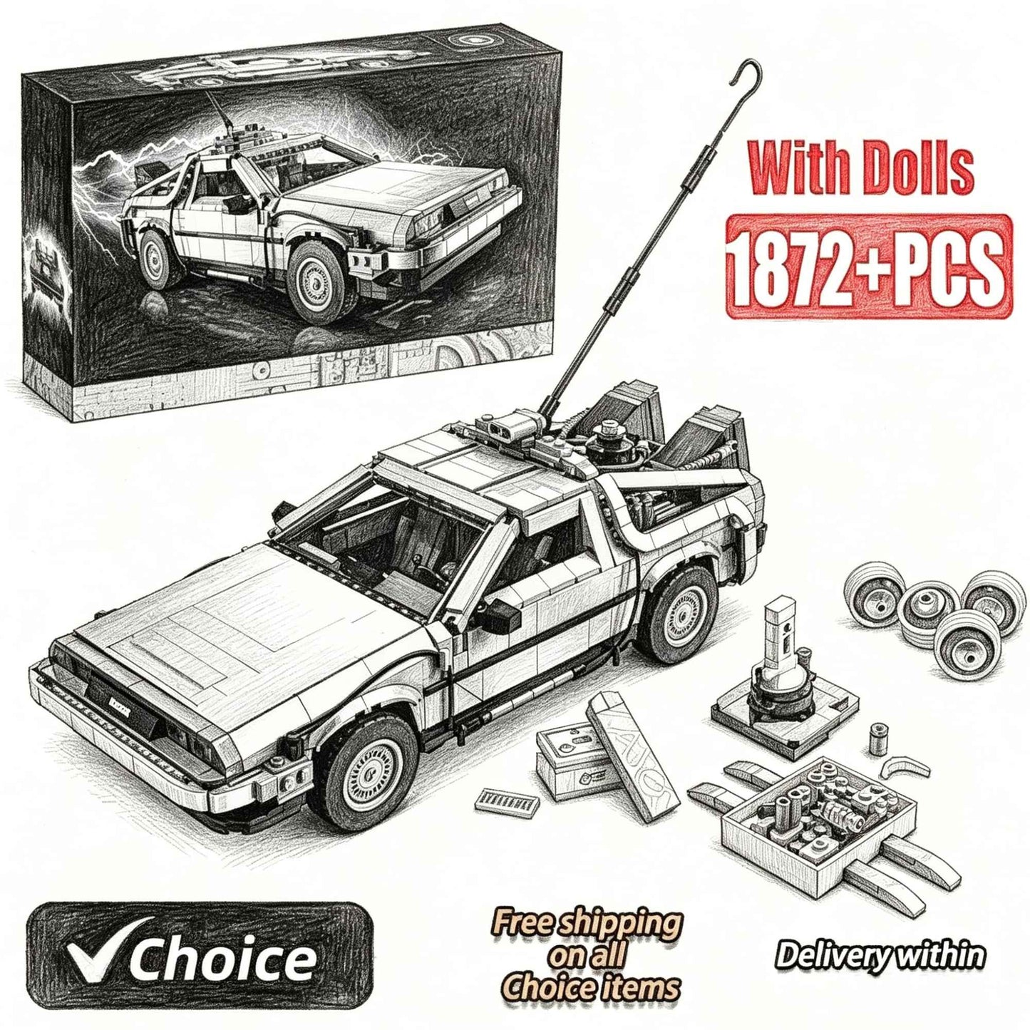 1:8 Scale Back to The Future Time Machines 1872Pcs 2 Mini Figures Building Blocks Kits Collectible Authentically Detailed Model
