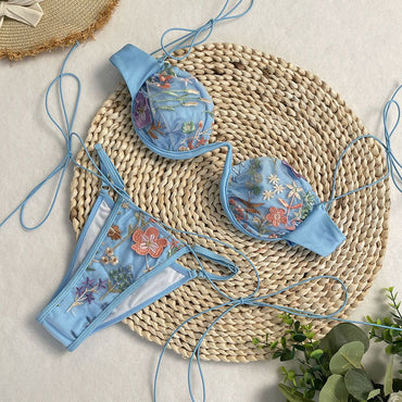 DEBAIOR 2025 Women Bikini Set Floral Embroidery Lingerie Set Women Sheer 2-Piece Boho Bra + Panty Underwear Set Intimates