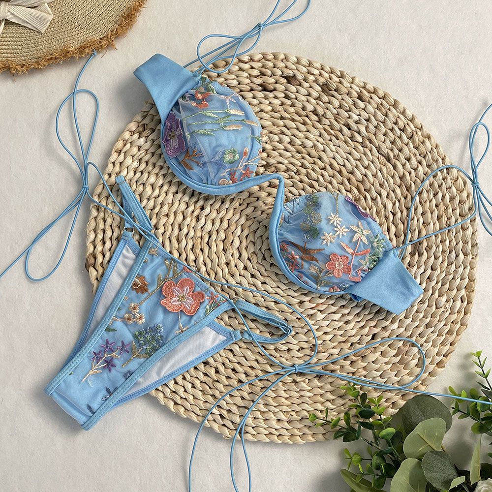 DEBAIOR 2025 Women Bikini Set Floral Embroidery Lingerie Set Women Sheer 2-Piece Boho Bra + Panty Underwear Set Intimates