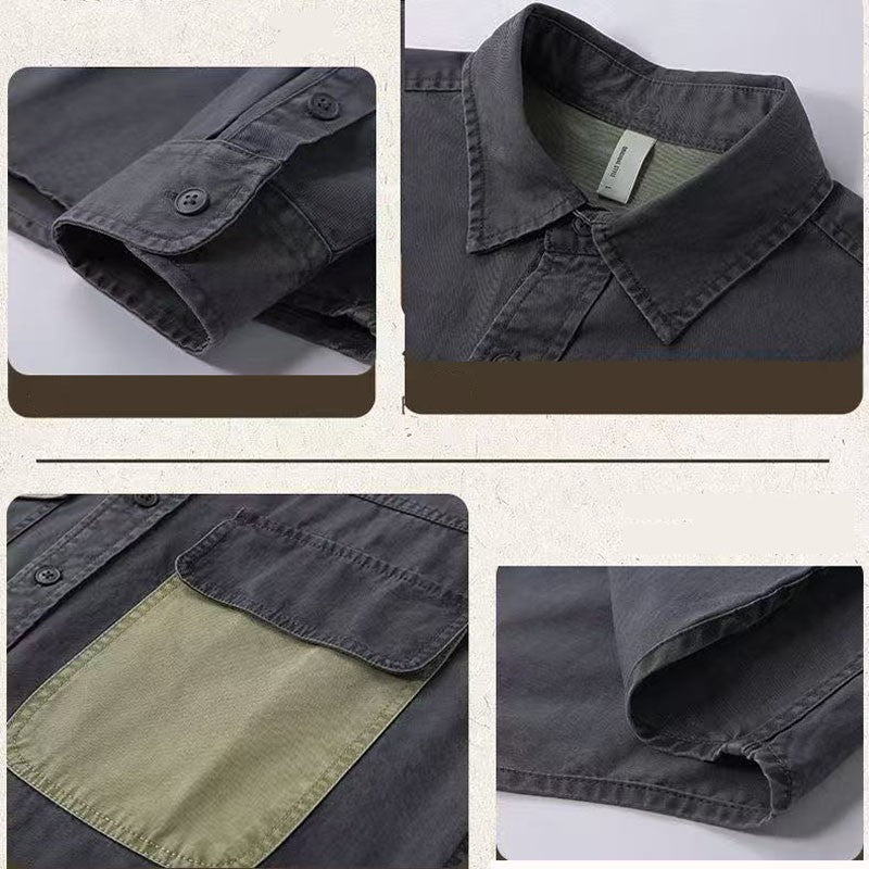 Vintage Heavy Weight Carbon Grinding Patchwork Shirts Mens Spring Autumn Trendy Long Sleeves Cargo Shirt Streetwear Casual Tops