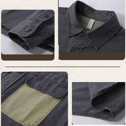 Vintage Heavy Weight Carbon Grinding Patchwork Shirts Mens Spring Autumn Trendy Long Sleeves Cargo Shirt Streetwear Casual Tops