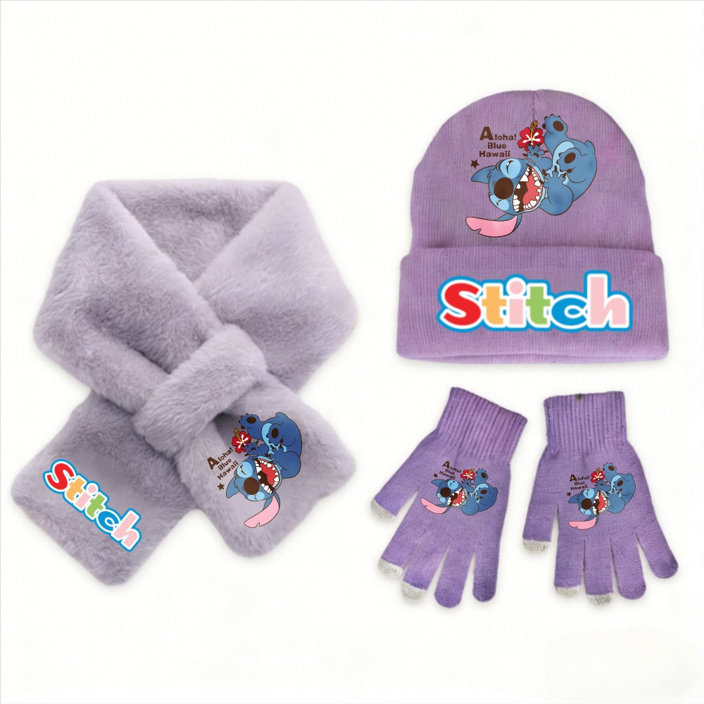 Conjunto de 3 peças de chapéu, cachecol e luvas de malha de inverno Stitch Disney Kawaii quente para meninas Acessórios casuais de moda infantil presente de Natal perfeito