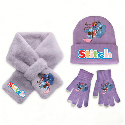 Conjunto de 3 peças de chapéu, cachecol e luvas de malha de inverno Stitch Disney Kawaii quente para meninas Acessórios casuais de moda infantil presente de Natal perfeito