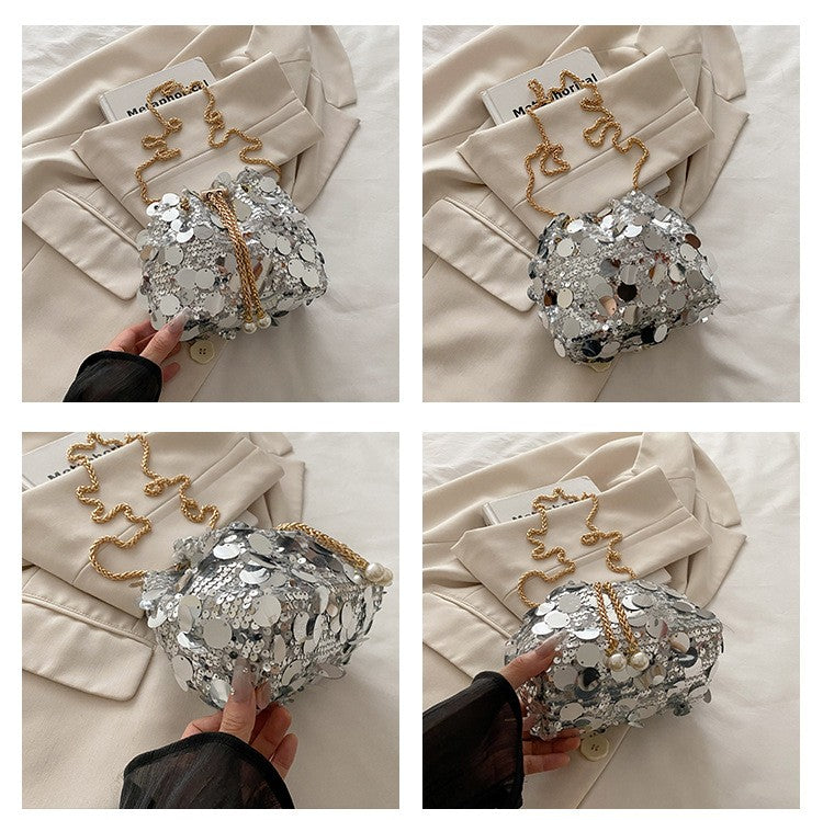 Sequin Chain Women's Portable Bucket Shoulder Bags Retro Ladies Dinner Party Clutch Purse Luxury Design Female Crossbody Bag