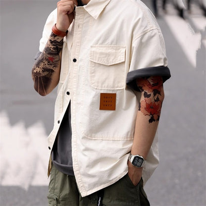 2025 Summer Men's Multi-pocket Oversized Short Sleeve Shirts High Street Fashion Cargo T-shirt New American Casual Y2K Shirt