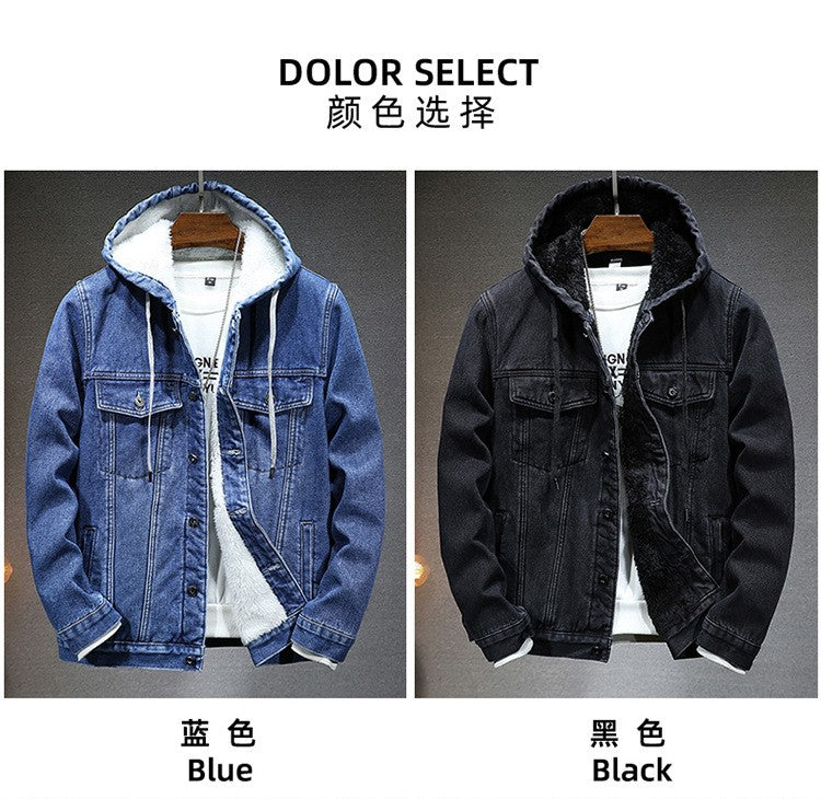 Thicker Winter Jacket Men Warmer Hooded Denim Lambswool Hooded and Padded Denim Jacket Imitation Lamb Wool Fleece Mens Clothes
