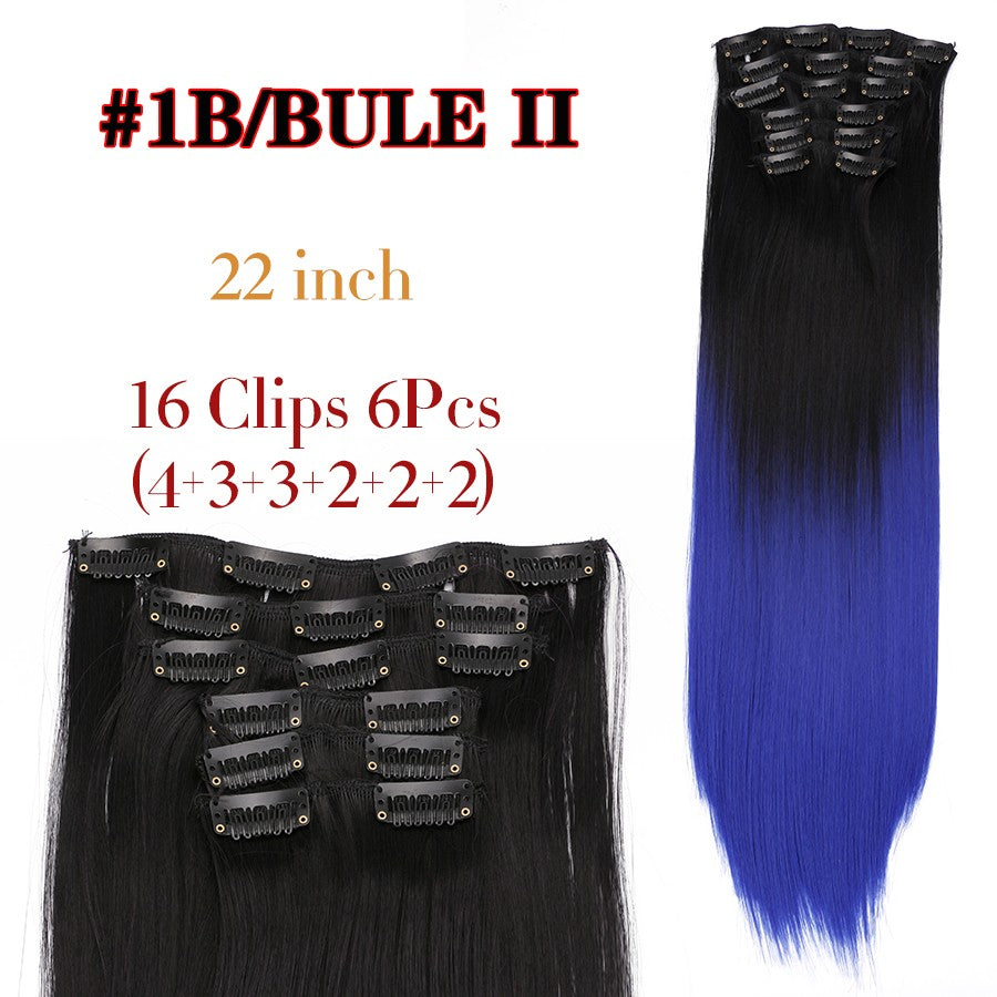 22 Polegadas Sintético Cabelo Liso Longo 16 Clipes 6 Peças/Conjunto Apliques de Cabelo Loiro Preto Resistente ao Calor Para Mulheres