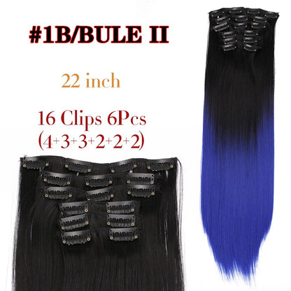 22 Polegadas Sintético Cabelo Liso Longo 16 Clipes 6 Peças/Conjunto Apliques de Cabelo Loiro Preto Resistente ao Calor Para Mulheres