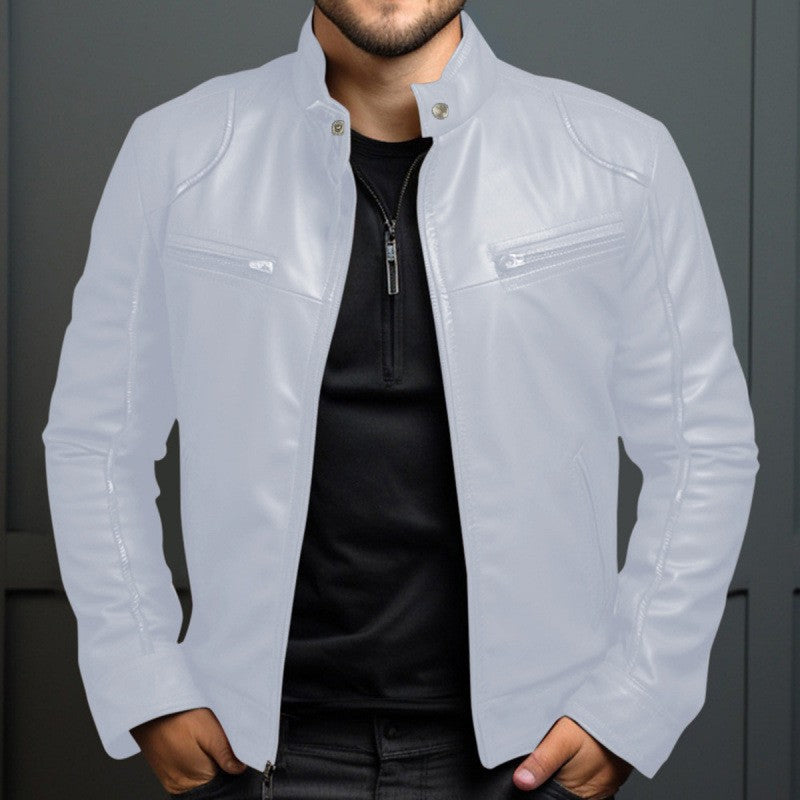 New Men's Business Leather Jacket for Autumn and Winter, Fashionable Stand Up Collar Casual Leather Jacket for Men