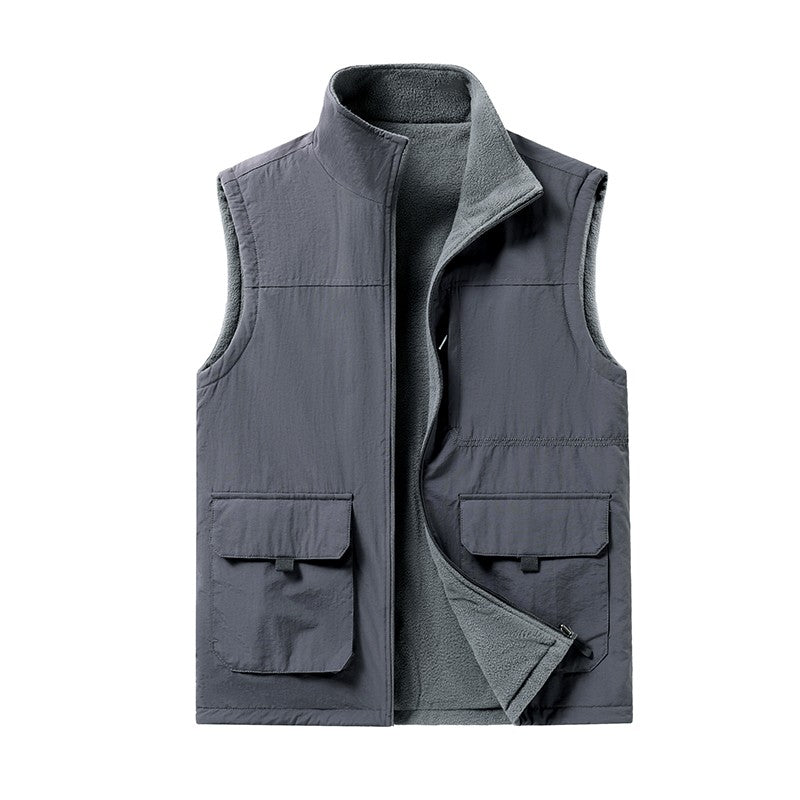 Colete de Pesca Masculino de Veludo Outono e Primavera Novo, Casaco de Veludo para Homem, Colete de Trabalho Solto e Moderno com Vários Bolsos para Homens de Meia-Idade