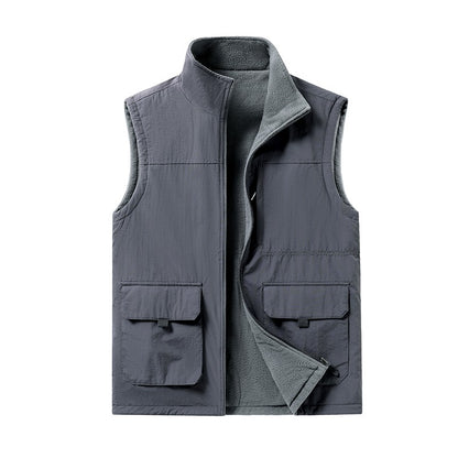 Colete de Pesca Masculino de Veludo Outono e Primavera Novo, Casaco de Veludo para Homem, Colete de Trabalho Solto e Moderno com Vários Bolsos para Homens de Meia-Idade