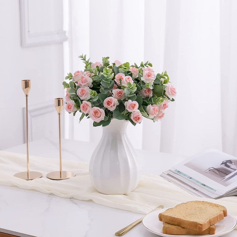 10 Heads pink Artificial Silk Rose Flowers Fake White Eucalyptus  Peony Flower Bouquet, for Home Wedding Party Garden Decoration