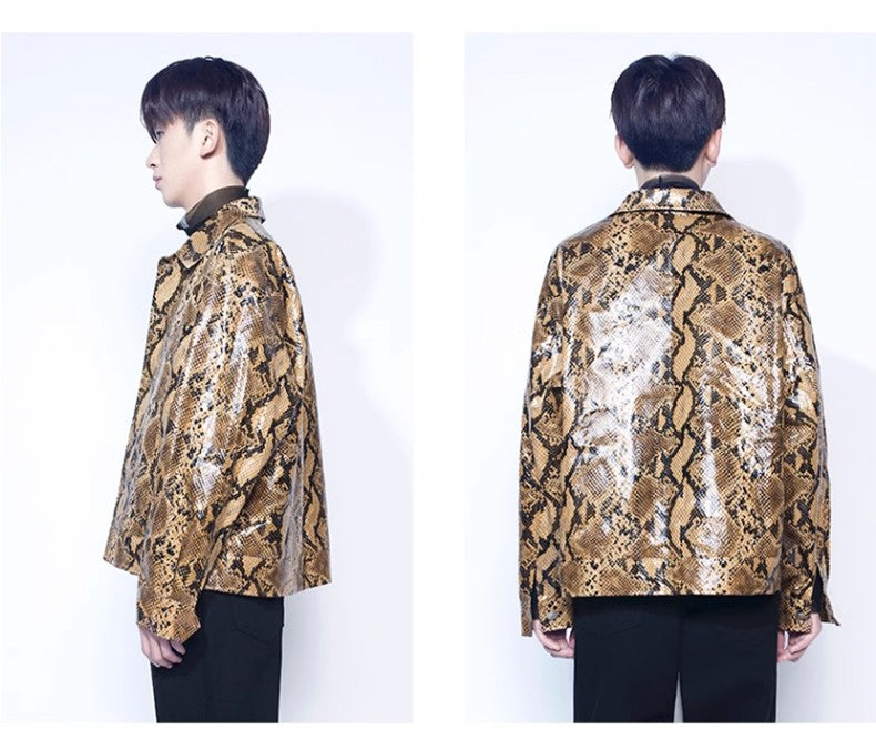 Mauroicardi Spring Autumn Loose Cool Shiny Colorful Snakeskin Print Pu Leather Jacket Men Luxury Designer Clothes Streeetwear