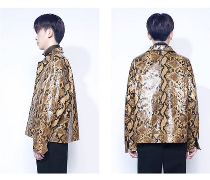 Mauroicardi Spring Autumn Loose Cool Shiny Colorful Snakeskin Print Pu Leather Jacket Men Luxury Designer Clothes Streeetwear