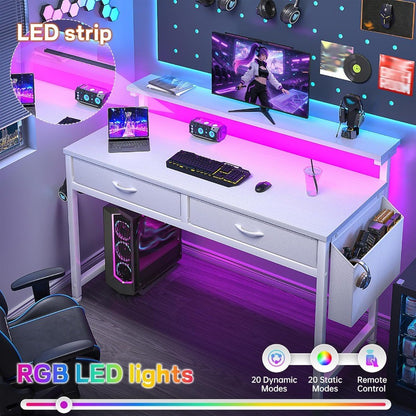 39.4 Inch Computer Desk with 2 Drawers and LED Lights for Small Spaces Home Office Study Writing Table with Side Pocket and Mon