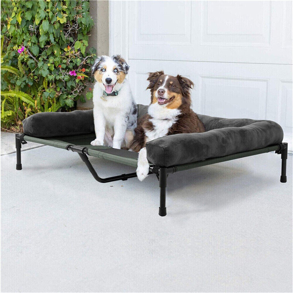 Cama de cachorro grande XXL XL para ambientes externos, elevada com esteira de resfriamento respirável e esteira de pelúcia macia, cama de acampamento para filhotes para casa e jardim