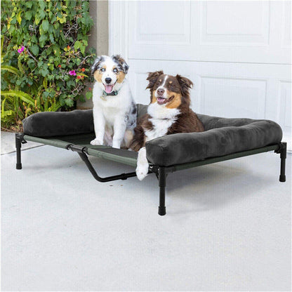 Cama de cachorro grande XXL XL para ambientes externos, elevada com esteira de resfriamento respirável e esteira de pelúcia macia, cama de acampamento para filhotes para casa e jardim