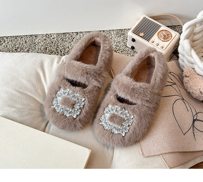 2025 Autumn Winter Children Warm Fur Shoes Fashion Rhinestone Moccasins Flats Outwear Girls Shoes Khaki, Beige, White
