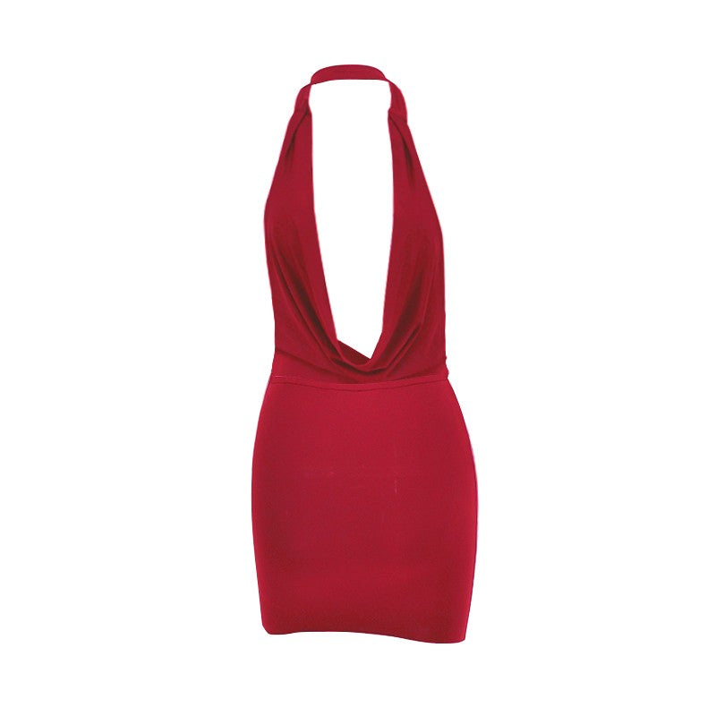 Sexy Mini Dress Women Summer Solid Fashion V-neck Backless Sleeveless Bodycon Ha