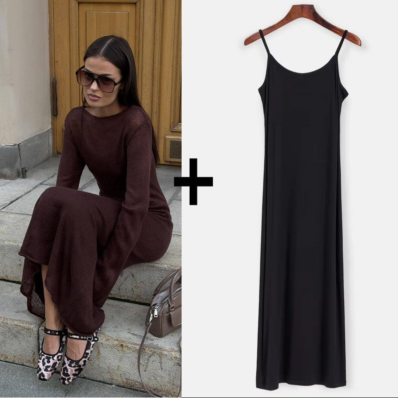 Hirsionsan Spring Autumn O-Neck Elastic Knit Long Dresses Women 2024 Elegant Chi