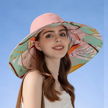 Chapéu Feminino de Verão Dupla Face com Aba Larga Proteção Solar Flor Praia Elegante Ao Ar Livre Protetor Solar Atacado Novo